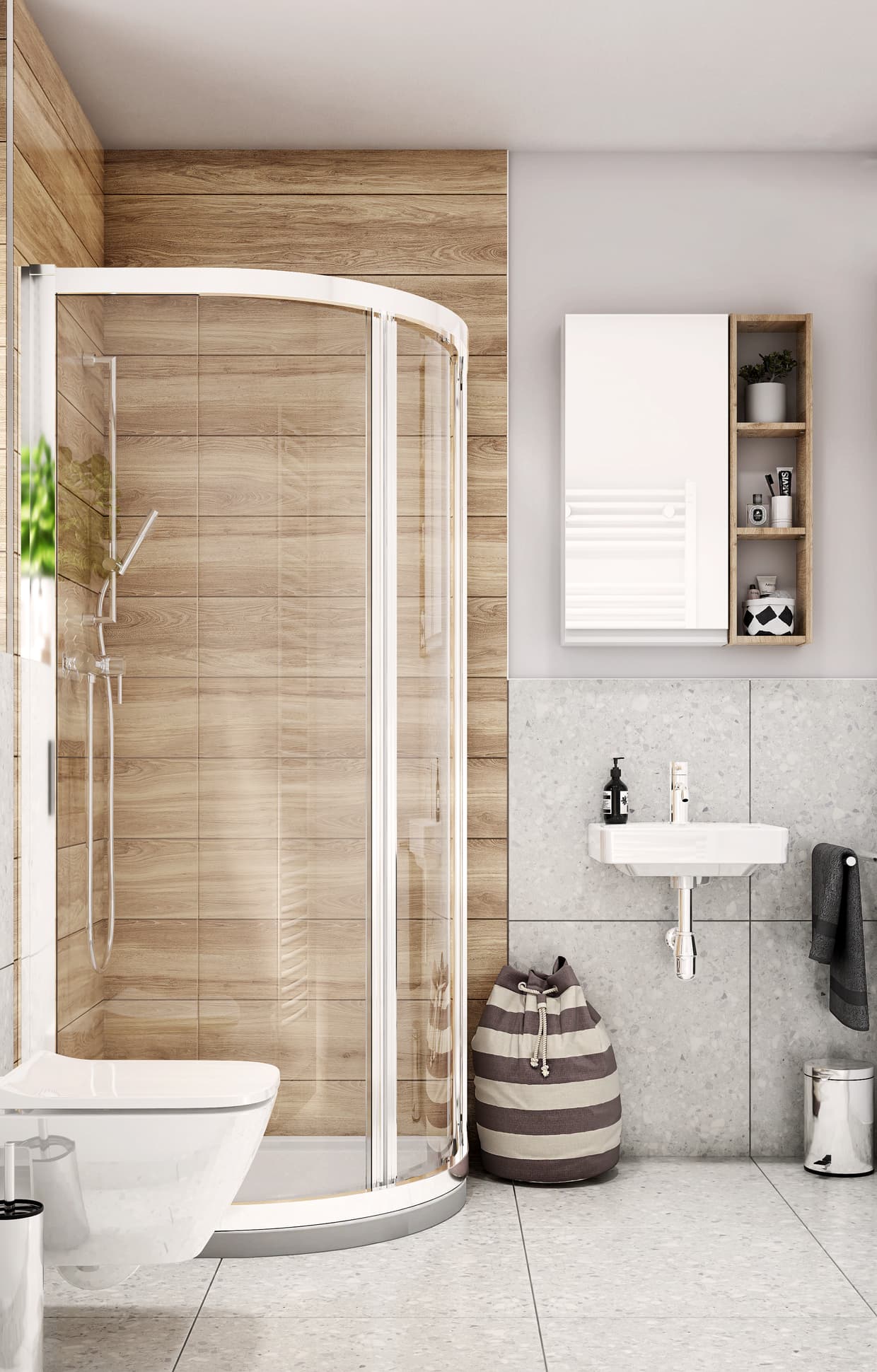 Harmonie aus Holz, Weiß und Grau im Badezimmer
