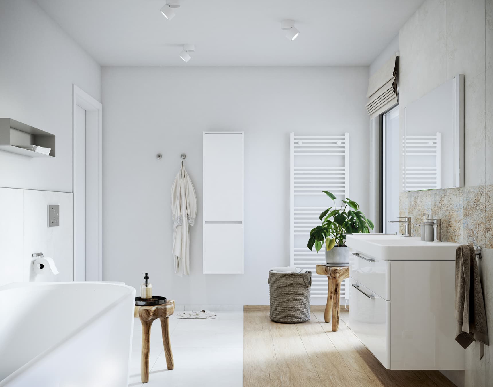 Helles Bad mit Fenster und Dekor aus Naturholz