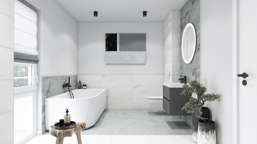 modernes Badezimmer in Weiß, Grau und Schwarz