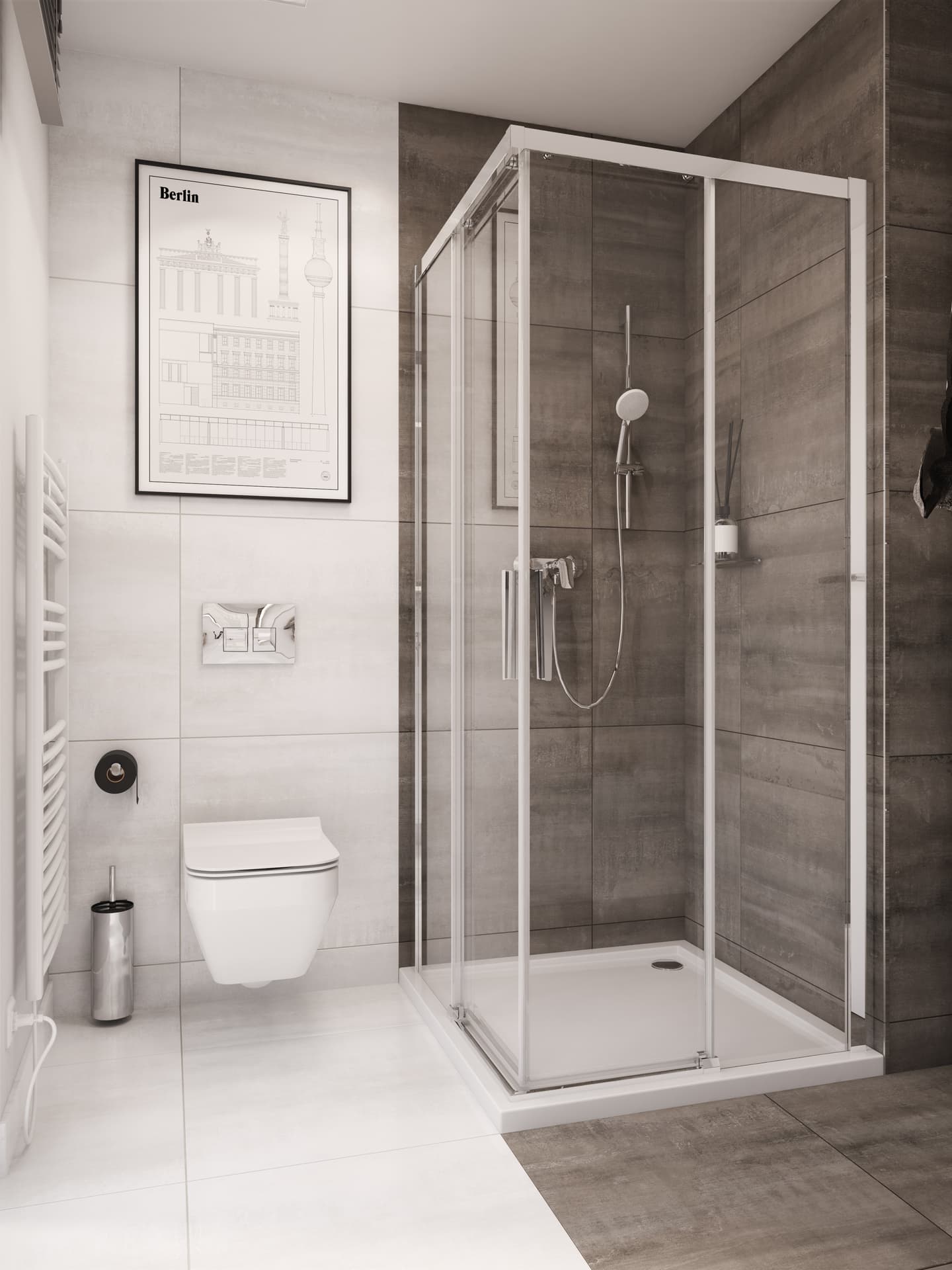 Bad mit heller Decke und braun-weißer Farbgestaltung