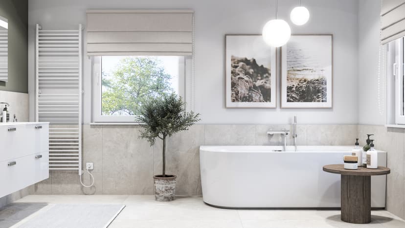 Minimalistisches Badezimmer mit Holz und Betonoptik