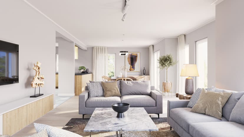 Helles Wohn- und Esszimmer mit natürlichen Farbtönen