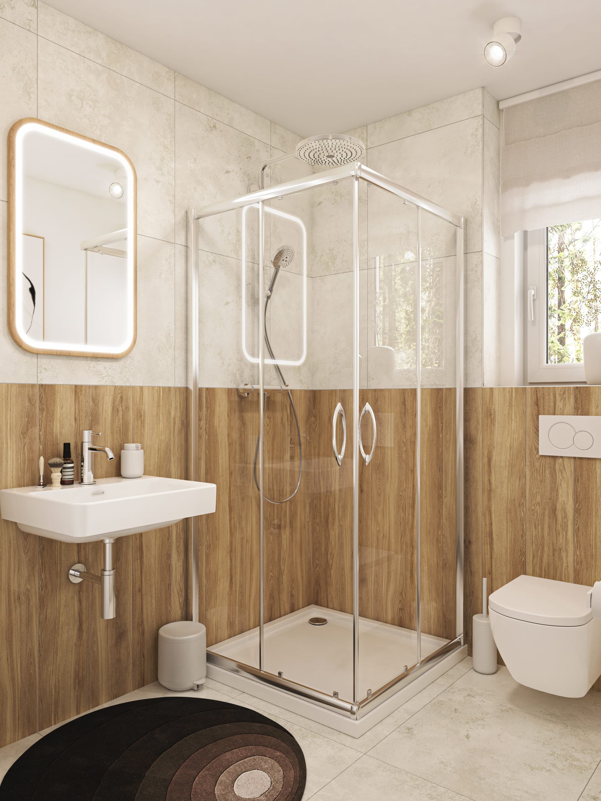 Badezimmer mit Holzelementen