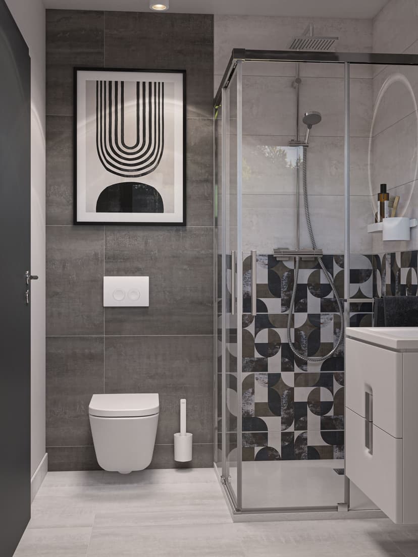 Badezimmer in Weiß & Grau mit Betonstruktur, großzügiger Waschtisch und skandinavischer Stil.