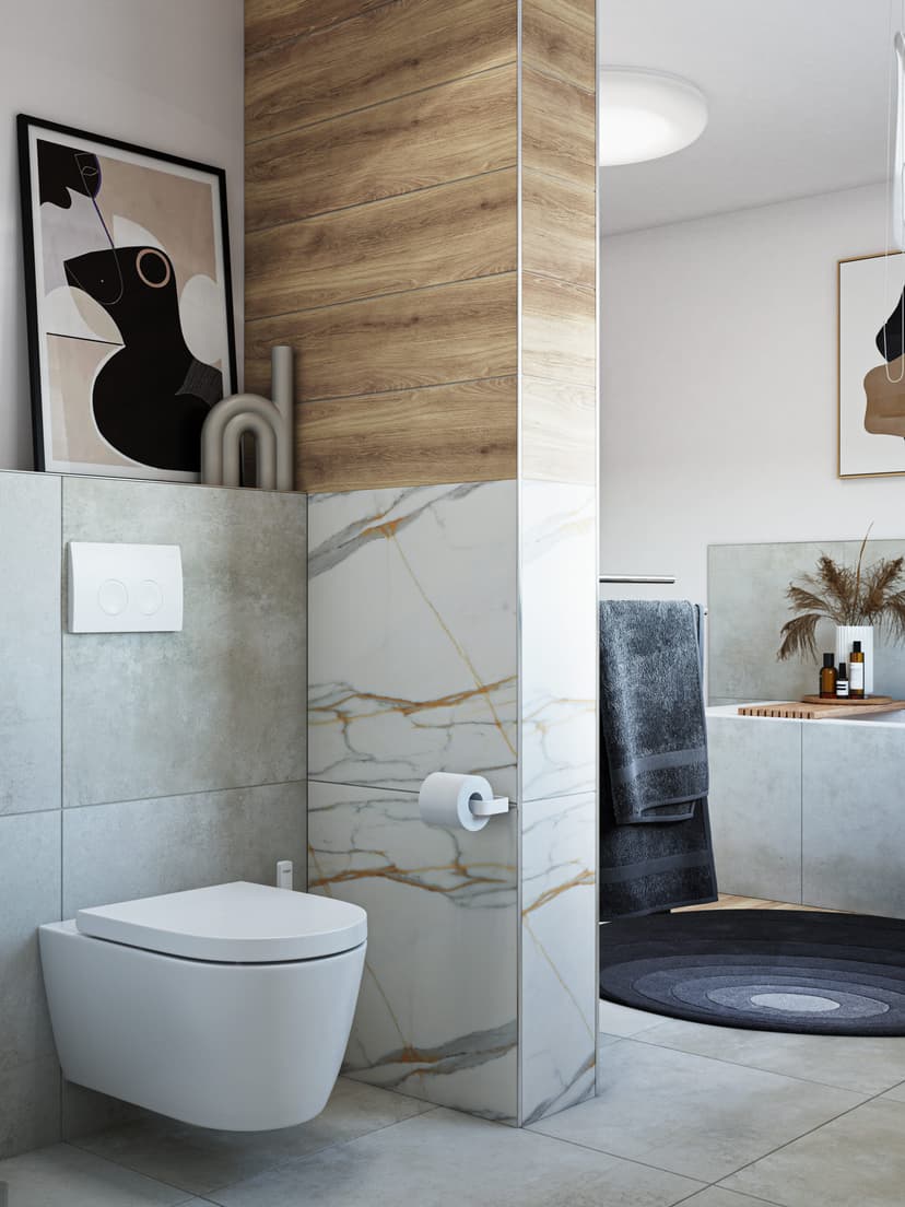 Badezimmer in Holzakzente mit Keramikfliesen, großzügiger Waschtisch und modernes Design