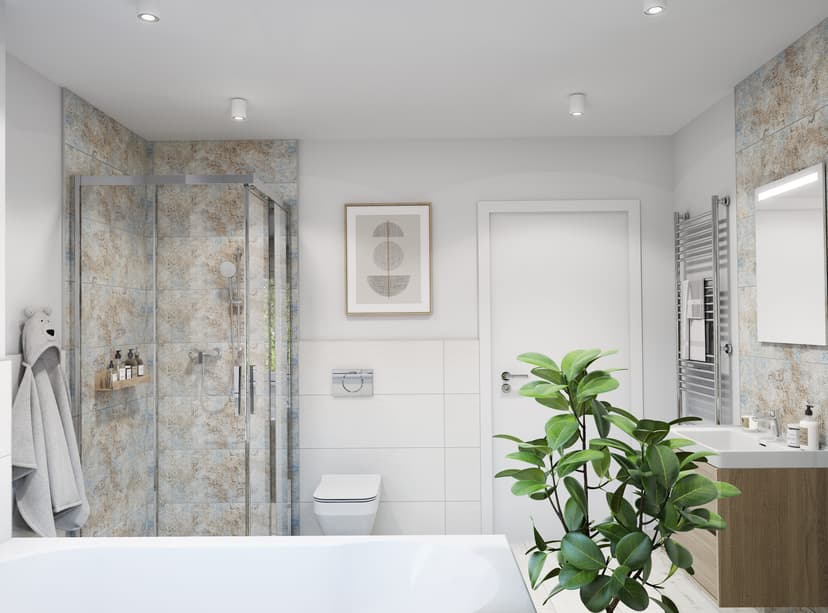Badezimmer in Farbakzente mit Holzoptik, großzügiger Waschtisch